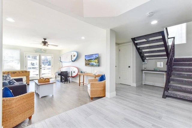 16791 Bayview Dr, Huntington Beach, CA 92649 - living room with stairway, a ceiling fan, wood finished floors, and recessed lighting