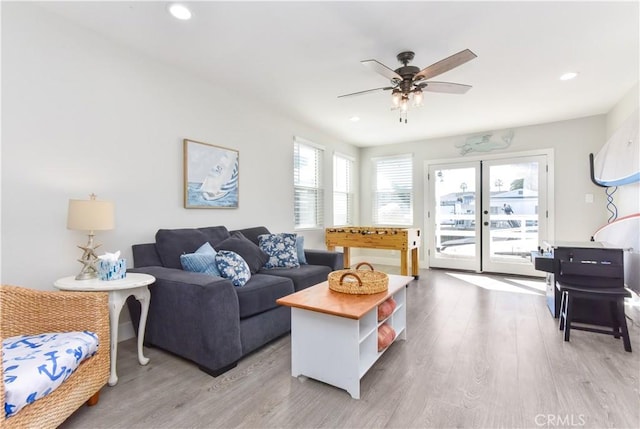 16791 Bayview Dr, Huntington Beach, CA 92649 - living room featuring light wood-style floors, a ceiling fan, and recessed lighting