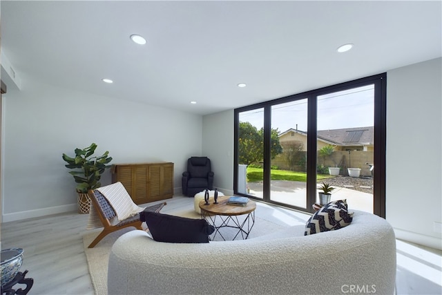 living room featuring light hardwood / wood-style floors and expansive windows