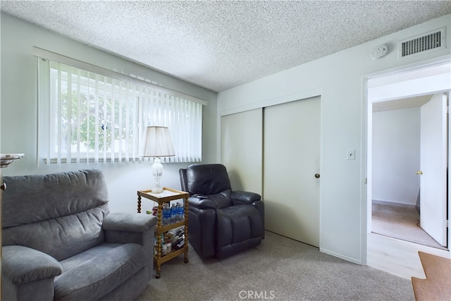 sitting room with a textured ceiling and light colored carpet