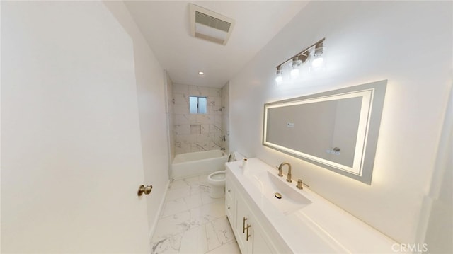 full bath with marble finish floor, bathing tub / shower combination, visible vents, toilet, and vanity