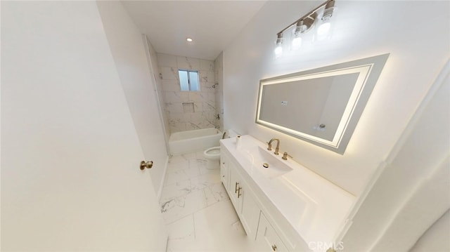 full bath with toilet, recessed lighting, vanity, marble finish floor, and tub / shower combination