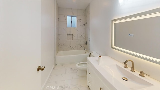 bathroom featuring toilet, vanity, baseboards, marble finish floor, and washtub / shower combination