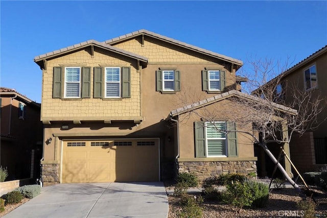 craftsman inspired home featuring an attached garage, stone siding, concrete driveway, and stucco siding