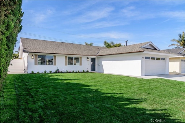 ranch-style home featuring a garage, a front yard, concrete driveway, and stucco siding