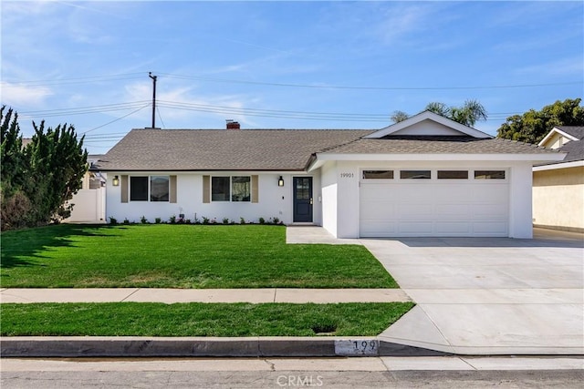 single story home with an attached garage, a shingled roof, concrete driveway, stucco siding, and a front lawn