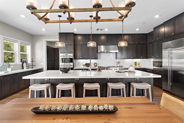 kitchen with appliances with stainless steel finishes, a kitchen breakfast bar, pendant lighting, and a center island with sink