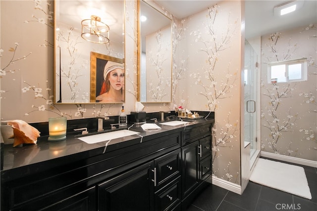 bathroom featuring vanity, an enclosed shower, and tile patterned flooring