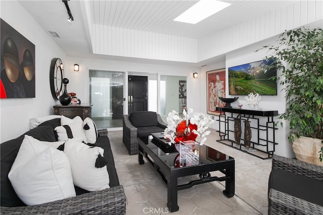 living room with a skylight