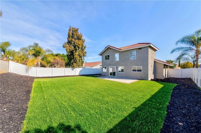 back of house featuring a patio and a yard