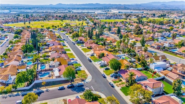 drone / aerial view featuring a mountain view