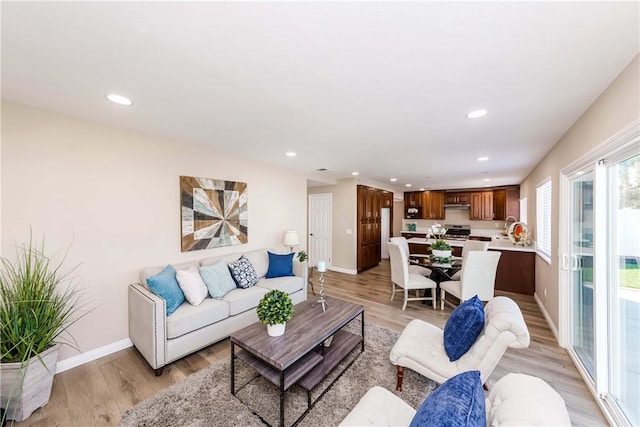 living room featuring sink and light hardwood / wood-style floors