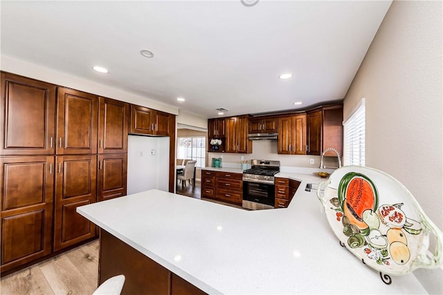 kitchen with light wood-type flooring, white fridge, sink, stainless steel range, and kitchen peninsula