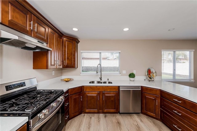 kitchen with sink, kitchen peninsula, stainless steel appliances, and a healthy amount of sunlight