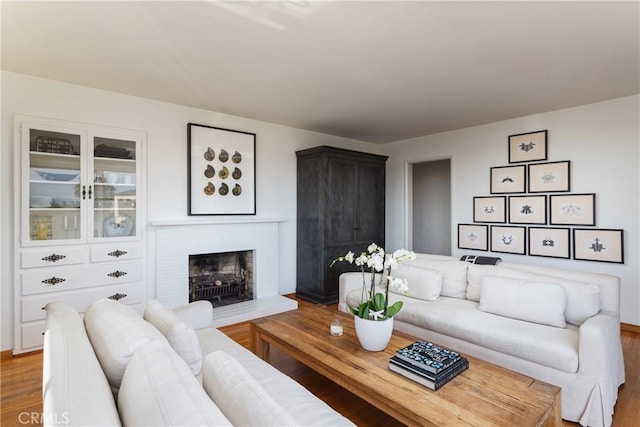 living area with light wood finished floors and a fireplace