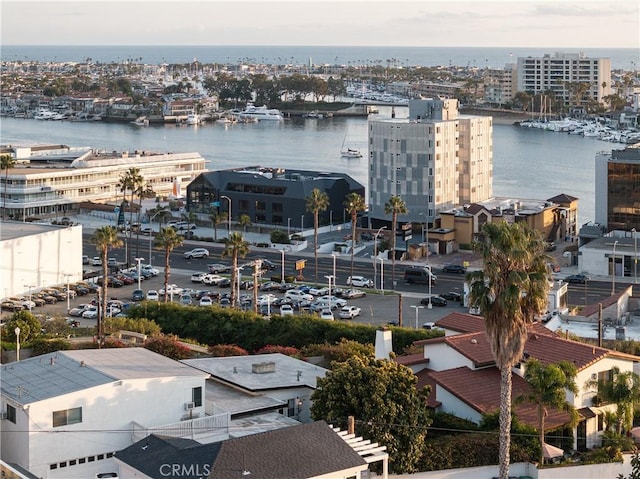 aerial view featuring a water view and a city view