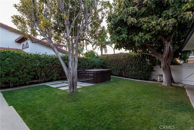 view of yard with a hot tub and a fenced backyard