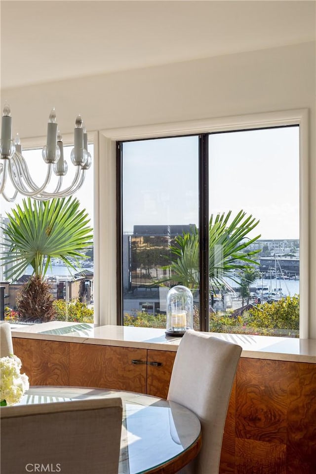 dining area with a water view