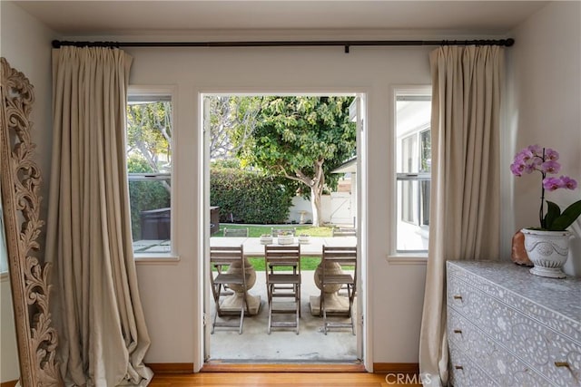 entryway with baseboards, a healthy amount of sunlight, and light wood finished floors