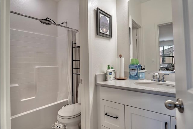 full bathroom with toilet, vanity, and shower / bath combination with curtain