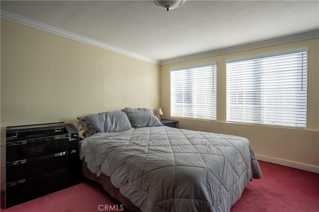 carpeted bedroom with ornamental molding