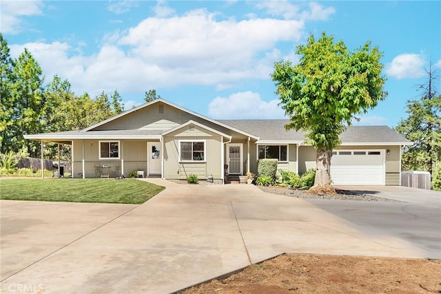 single story home featuring a front yard and a garage