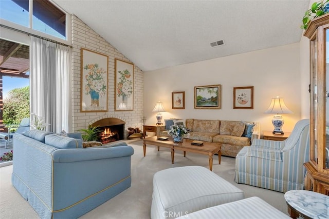 living room featuring vaulted ceiling, light carpet, a fireplace, and visible vents