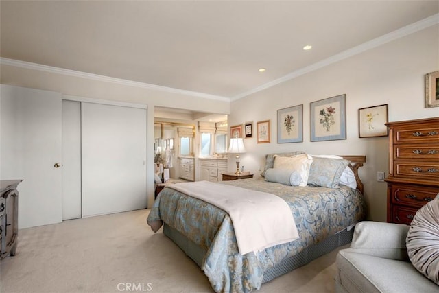 bedroom featuring recessed lighting, ornamental molding, and light colored carpet