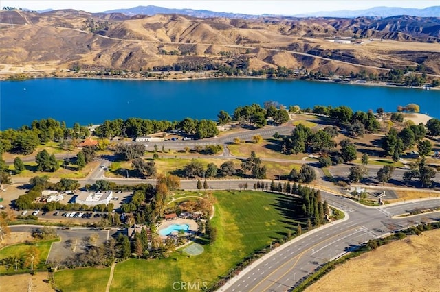 bird's eye view featuring a water and mountain view