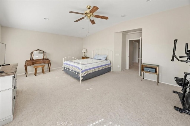 bedroom with light carpet, ceiling fan, and baseboards