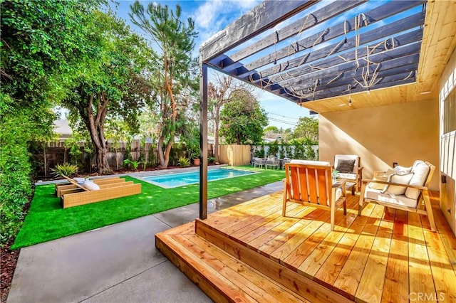 wooden deck featuring a fenced backyard, a fenced in pool, an outdoor living space, and a pergola