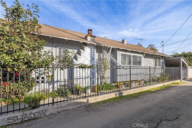 view of front facade with a fenced front yard and stucco siding