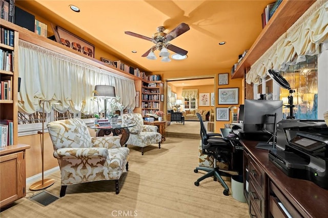 home office featuring recessed lighting, light colored carpet, and ceiling fan