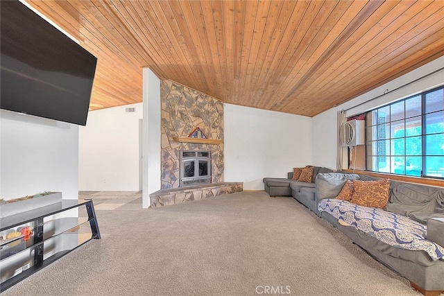 carpeted living room featuring a fireplace, wood ceiling, and lofted ceiling