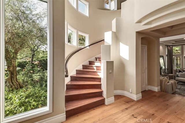 interior space featuring baseboards, a high ceiling, and wood finished floors
