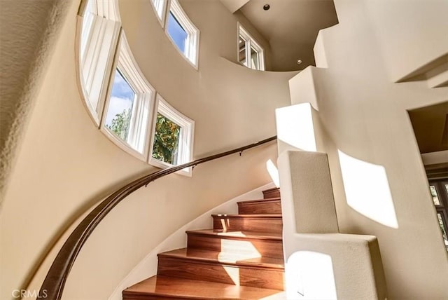 staircase with a towering ceiling