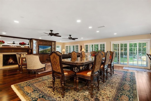 5571 Clover Hill Dr, Yorba Linda, CA 92886 - dining room featuring a warm lit fireplace, hardwood / wood-style floors, visible vents, recessed lighting, and ceiling fan