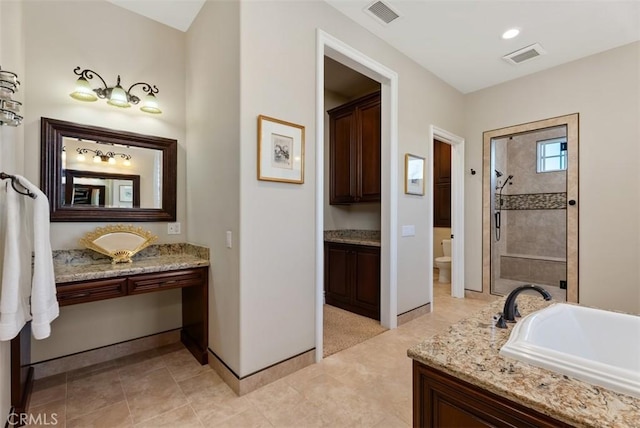 5571 Clover Hill Dr, Yorba Linda, CA 92886 - bathroom with toilet, vanity, visible vents, and a stall shower