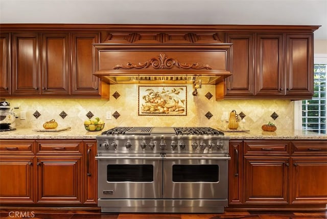 5571 Clover Hill Dr, Yorba Linda, CA 92886 - kitchen with backsplash, double oven range, and light stone countertops