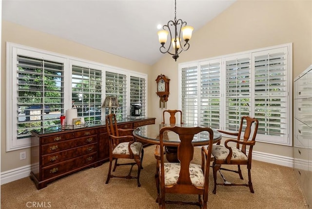 5571 Clover Hill Dr, Yorba Linda, CA 92886 - dining room featuring light colored carpet, baseboards, lofted ceiling, and a notable chandelier