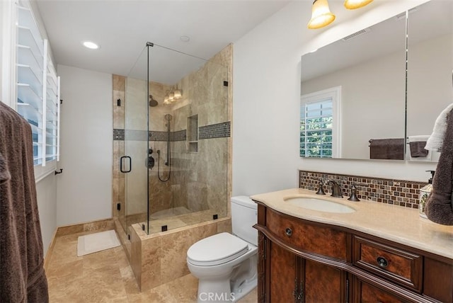 5571 Clover Hill Dr, Yorba Linda, CA 92886 - full bath with toilet, visible vents, a shower stall, tasteful backsplash, and vanity