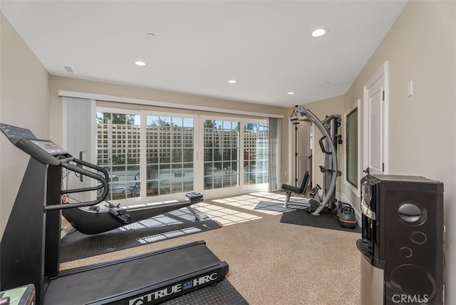 5571 Clover Hill Dr, Yorba Linda, CA 92886 - workout room with carpet flooring, visible vents, and recessed lighting