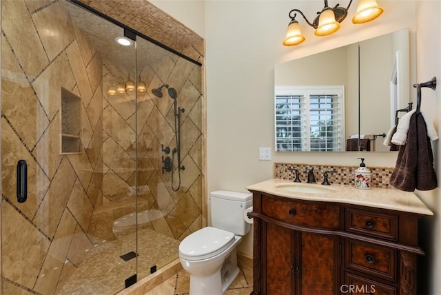 5571 Clover Hill Dr, Yorba Linda, CA 92886 - full bath featuring toilet, tasteful backsplash, vanity, a stall shower, and a chandelier