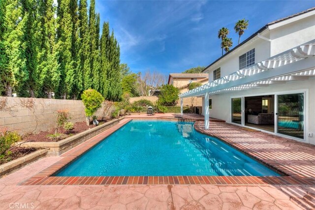 view of swimming pool featuring a fenced backyard, a patio, and a pergola