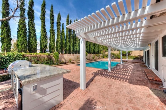 view of swimming pool with a fenced in pool, a patio, fence, and a pergola