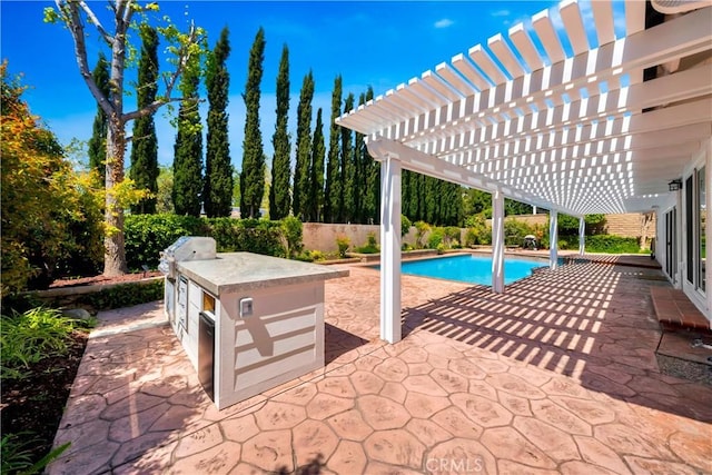 view of pool featuring a pergola, a patio, area for grilling, and a fenced in pool