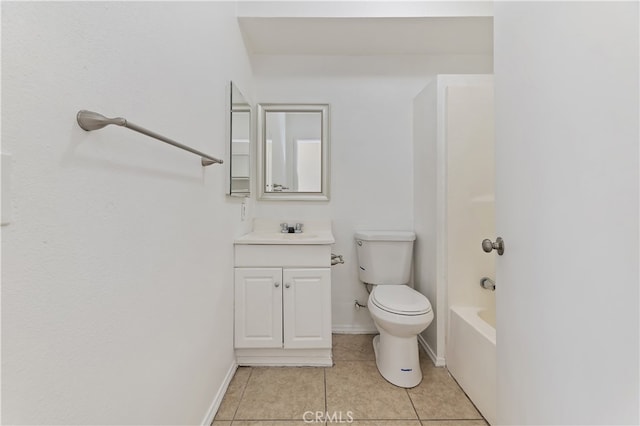 full bathroom with shower / bathtub combination, vanity, toilet, and tile patterned floors