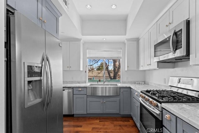 kitchen featuring light stone countertops, gray cabinets, appliances with stainless steel finishes, dark wood-style floors, and a sink