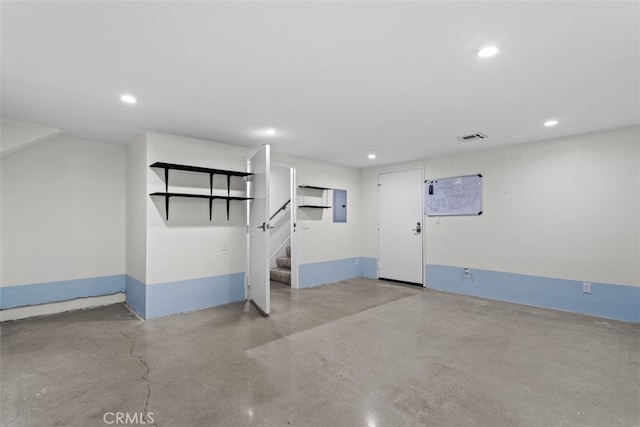 interior space with stairs, visible vents, electric panel, and recessed lighting