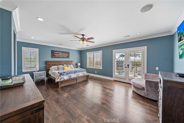 bedroom with crown molding, access to outside, french doors, and dark wood finished floors